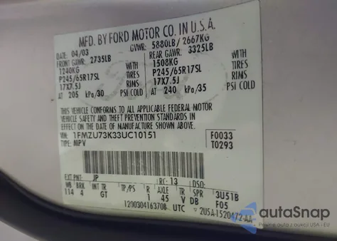 2003 Ford Explorer Xlt/Xlt Sport/Nbx из США, поврежденный, VIN 1FMZU73K33UC10151